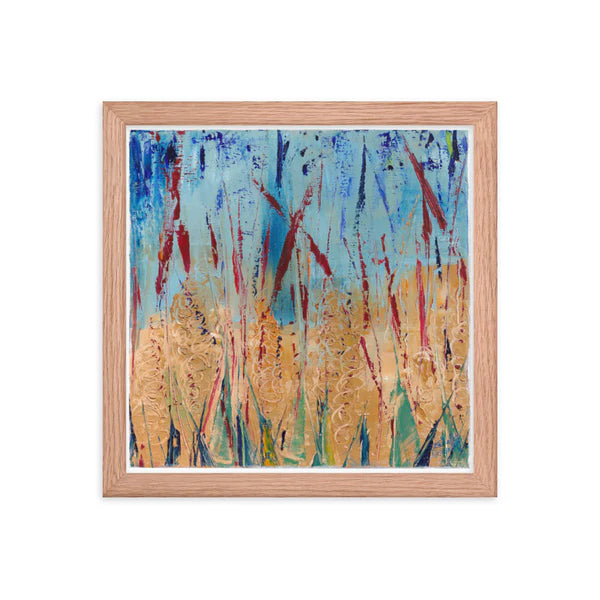 print of abstract oil painting 12"x12" enhanced-matte-paper-framed-poster-framed in red oak -colors of the painting: bleu, red, ocre and green 