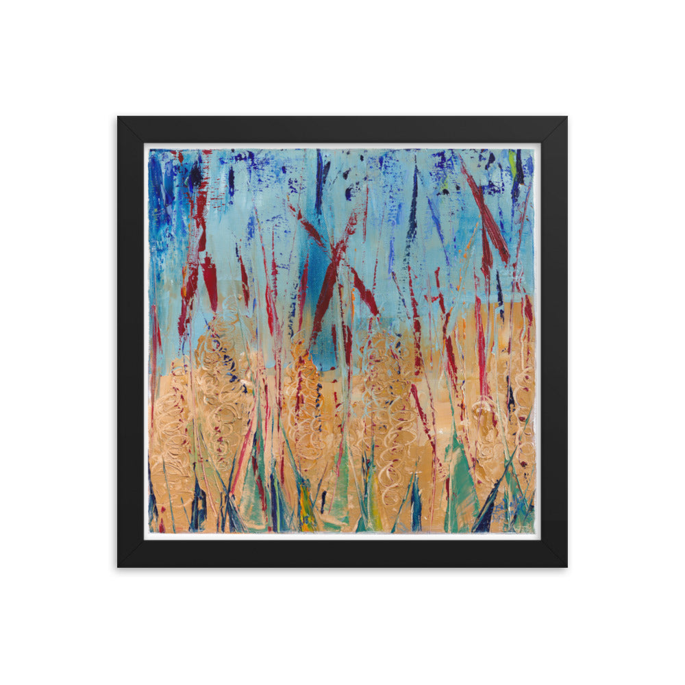 print of abstract oil painting 12"x12" enhanced-matte-paper-framed-poster-framed in black -colors of the painting: bleu, red, ocre and green 