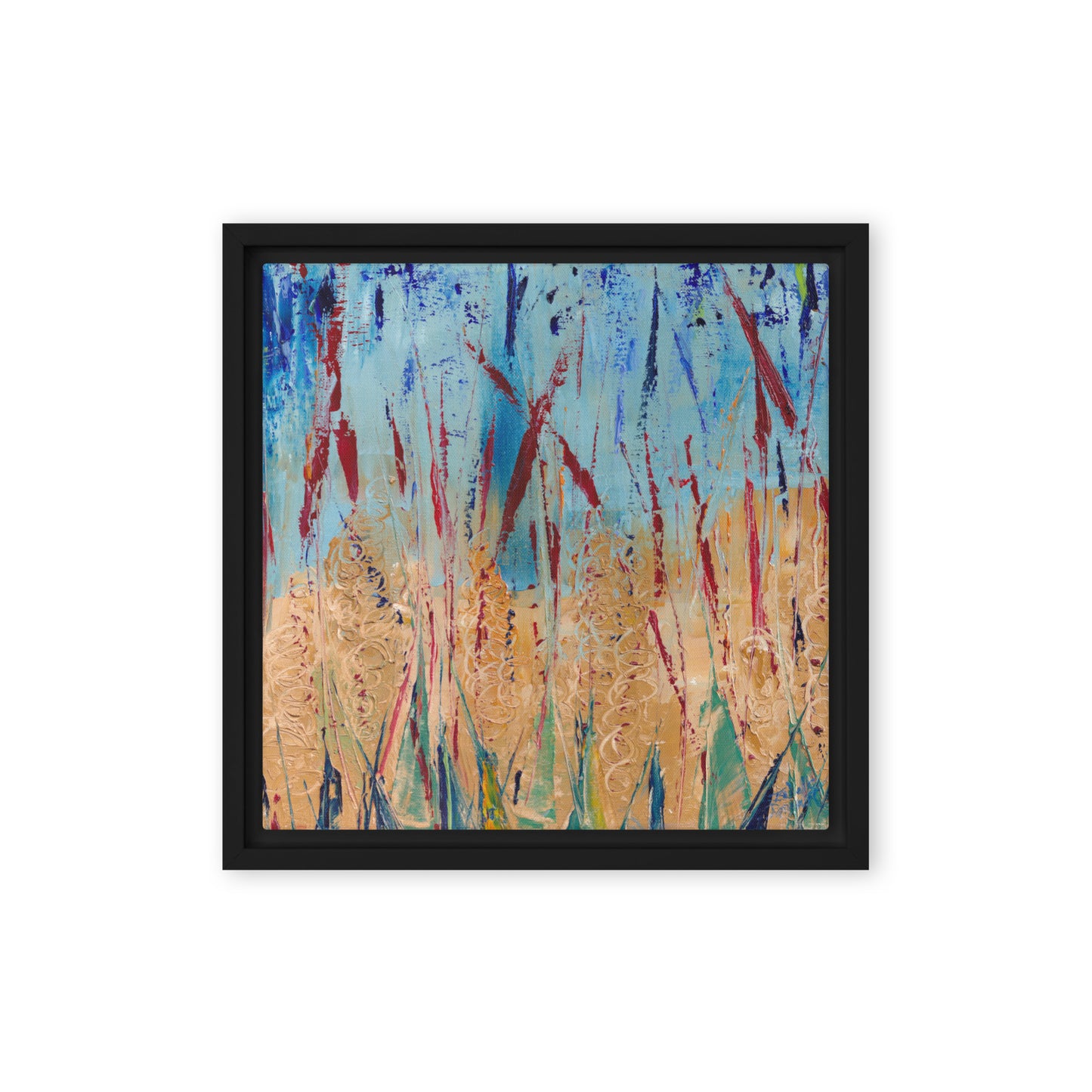 print of abstract oil painting framed-canvas-_in_-black-12x12  -colors of the painting: bleu, red, ocre and green 