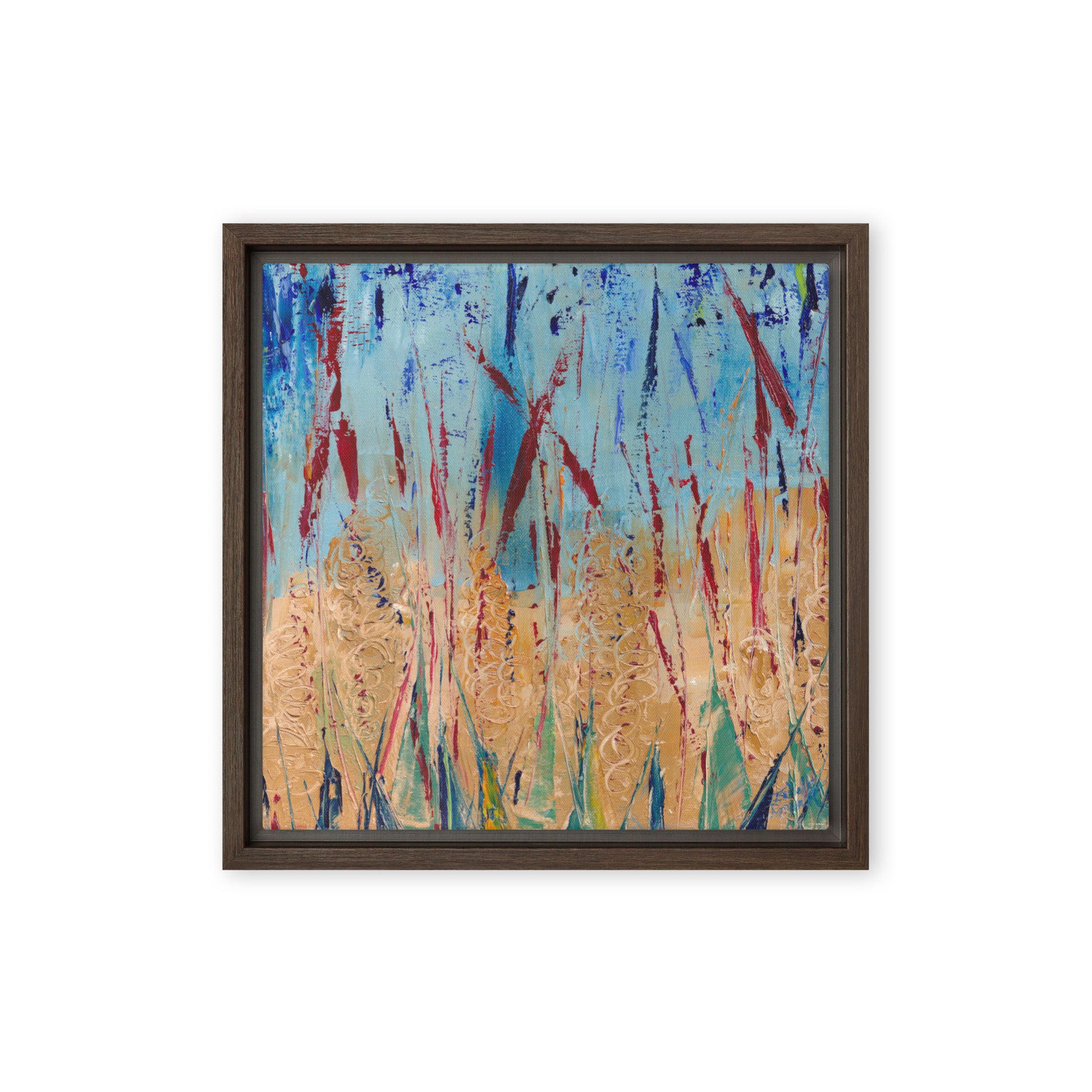 print of abstract oil painting framed-canvas-_in_-brown-12x12   -colors of the painting: bleu, red, ocre and green 