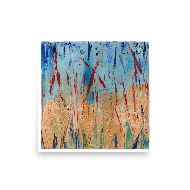 print of abstract oil painting 12"x12" enhanced-matte-paper-poster- -colors of the painting: bleu, red, ocre and green 